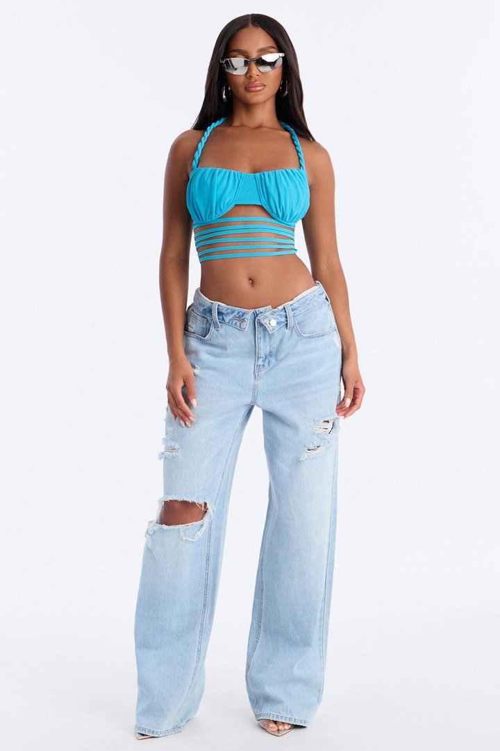Bare Escape Twist Halter Mesh Bra Top - Blue