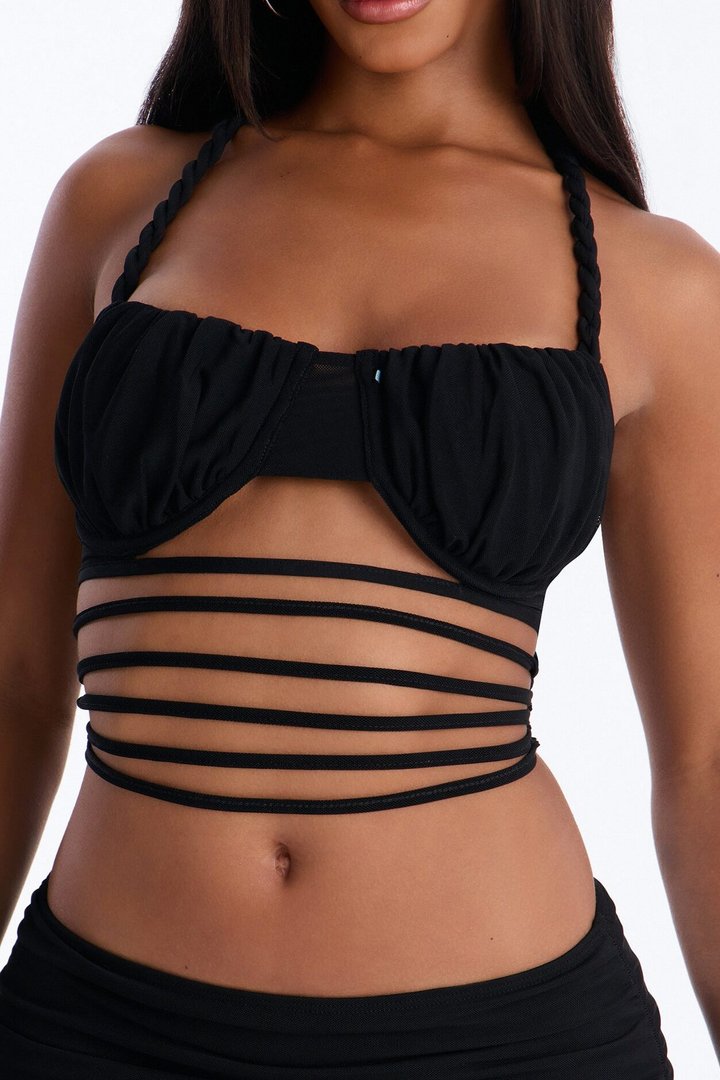 Bare Escape Twist Halter Mesh Bra Top - Black