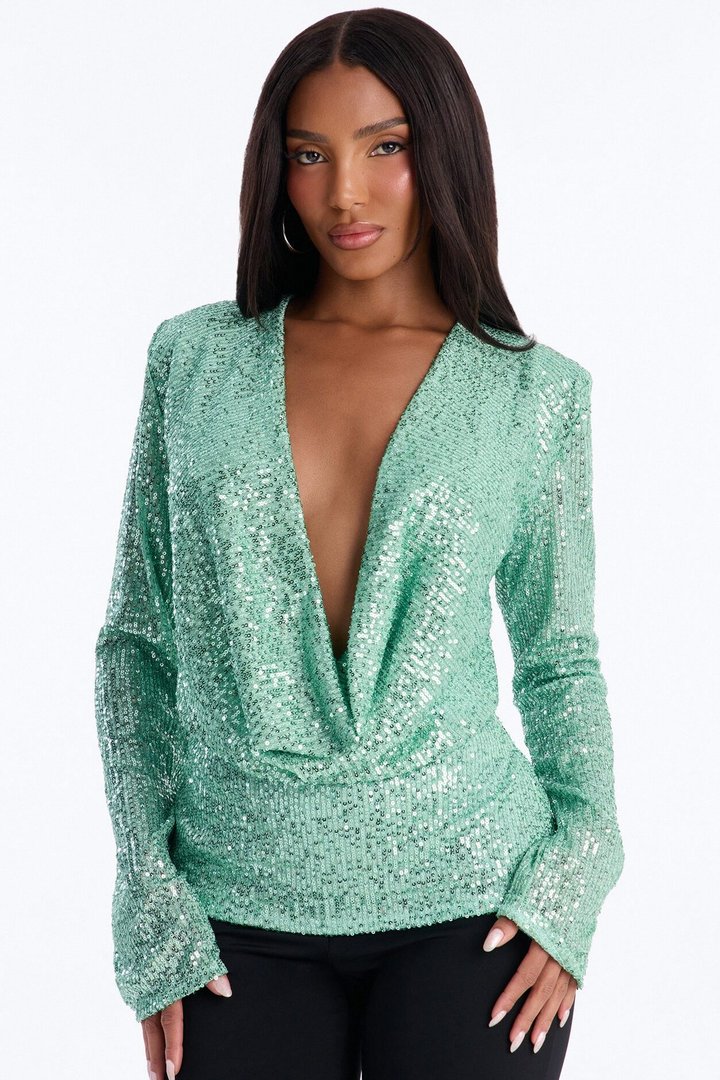 Sara Sequin Cowl Neck Shoulder Pad Long Sleeve Top - Sage