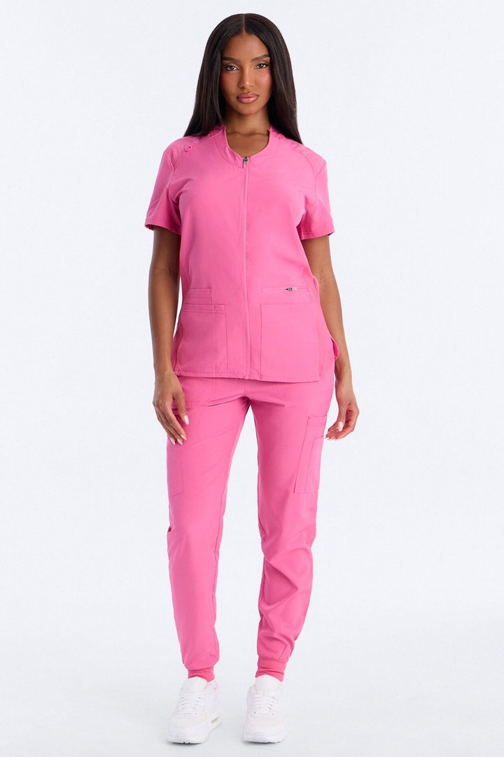 Vital 4 Way Stretch Front Zip Jogger Scrub Set - Hot Pink