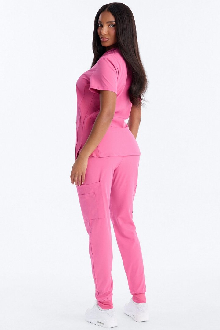 Vital 4 Way Stretch Front Zip Jogger Scrub Set - Hot Pink