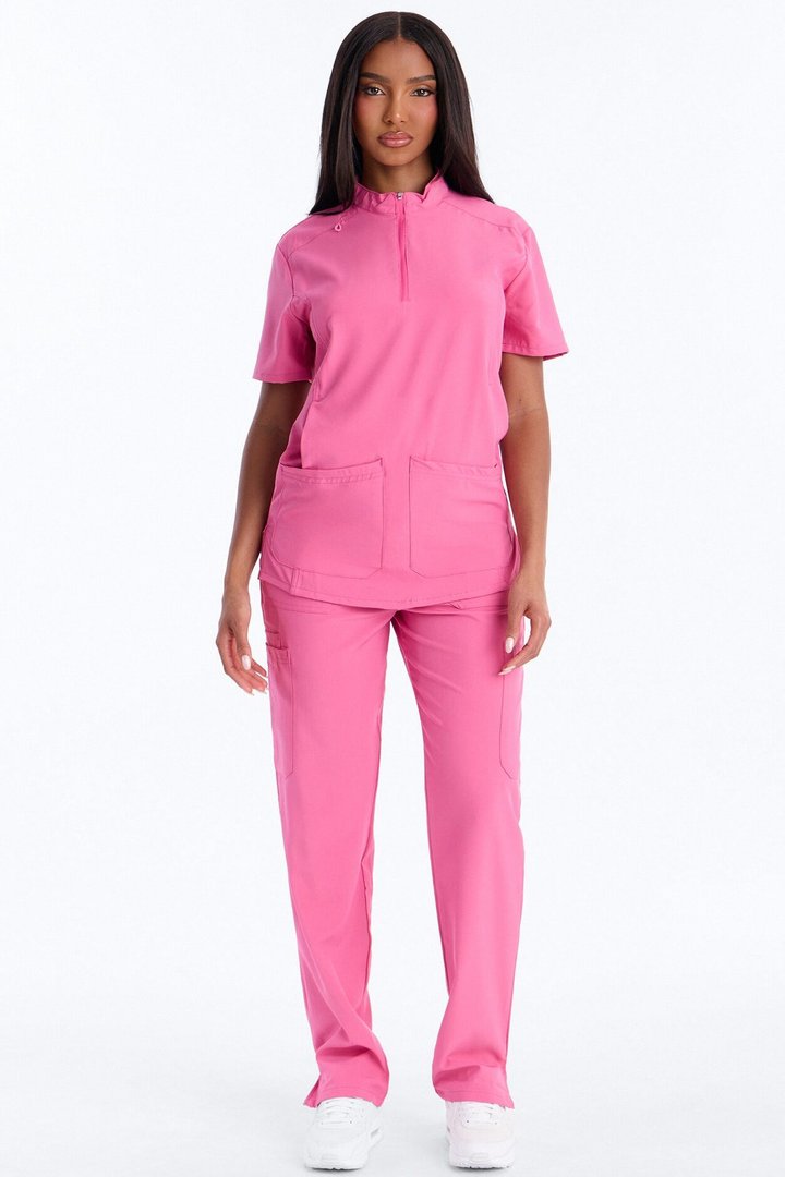 Elite 4 Way Stretch Zip Collar Open Leg Slit Scrub Set - Hot Pink