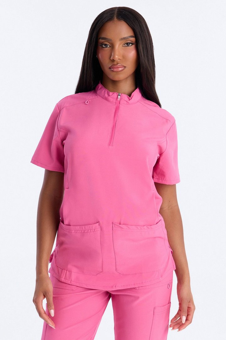 Elite 4 Way Stretch Zip Collar Open Leg Slit Scrub Set - Hot Pink