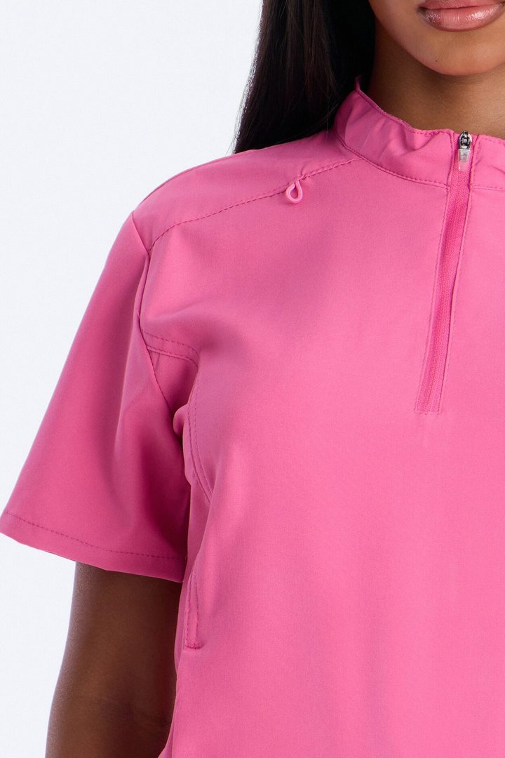 Elite 4 Way Stretch Zip Collar Open Leg Slit Scrub Set - Hot Pink