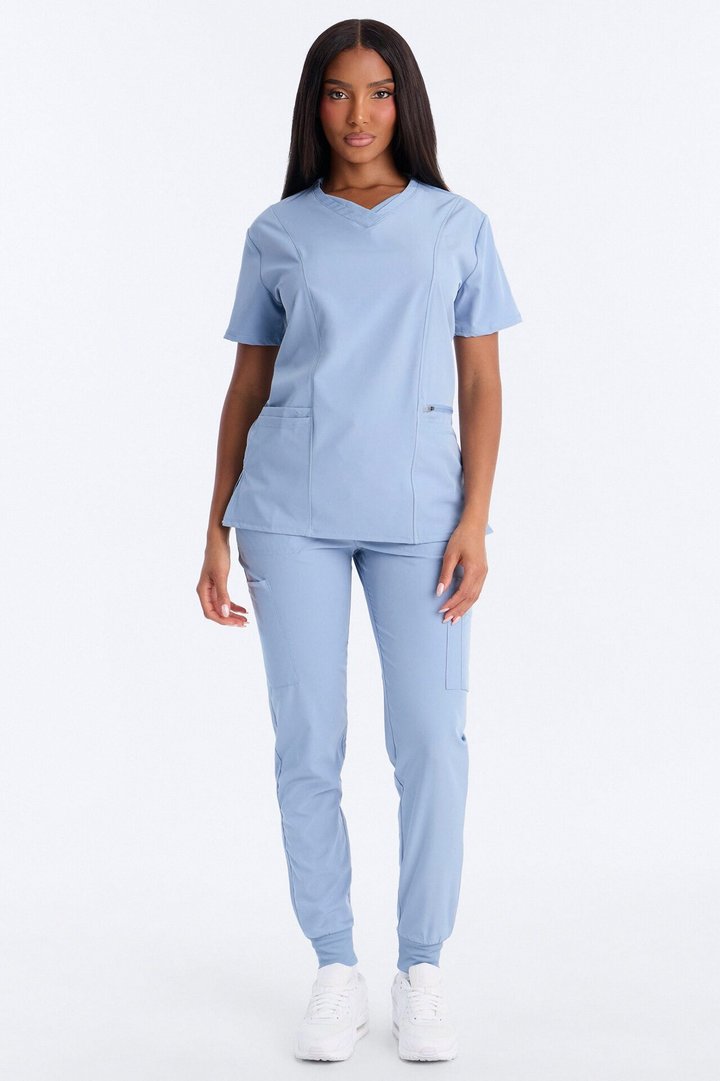 Clinical 4 Way Stretch Pocket Back Knit Jogger Scrub Set - Dusty Blue