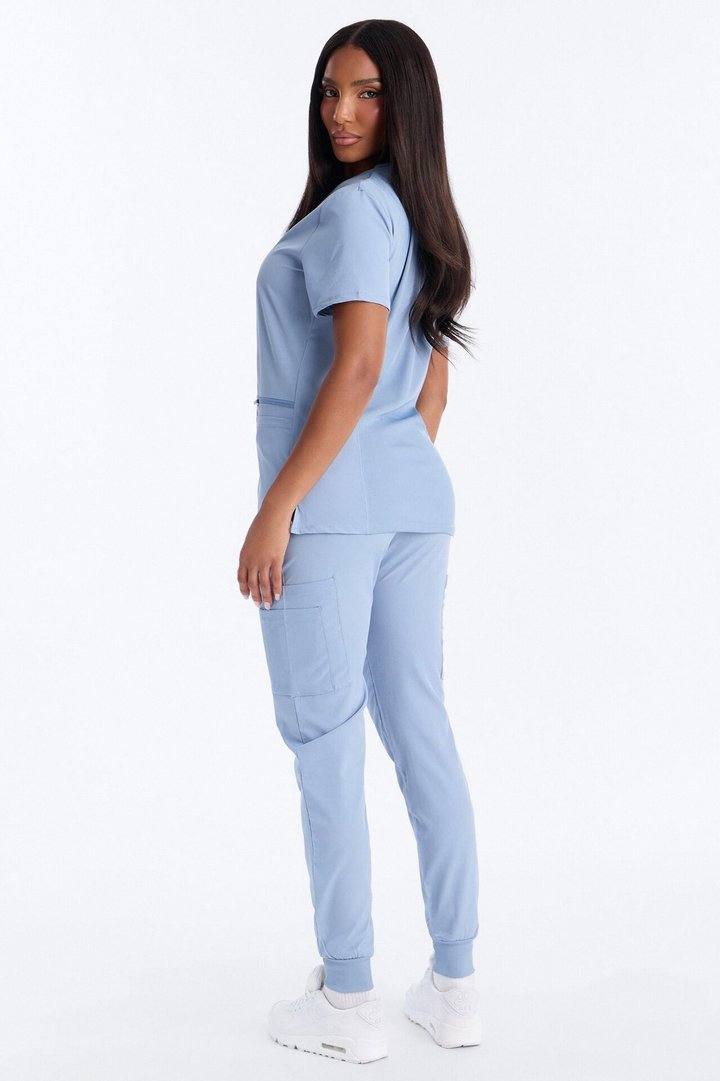 Clinical 4 Way Stretch Pocket Back Knit Jogger Scrub Set - Dusty Blue