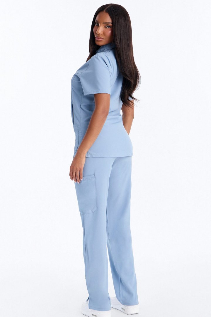Elite 4 Way Stretch Zip Collar Open Leg Slit Scrub Set - Dusty Blue