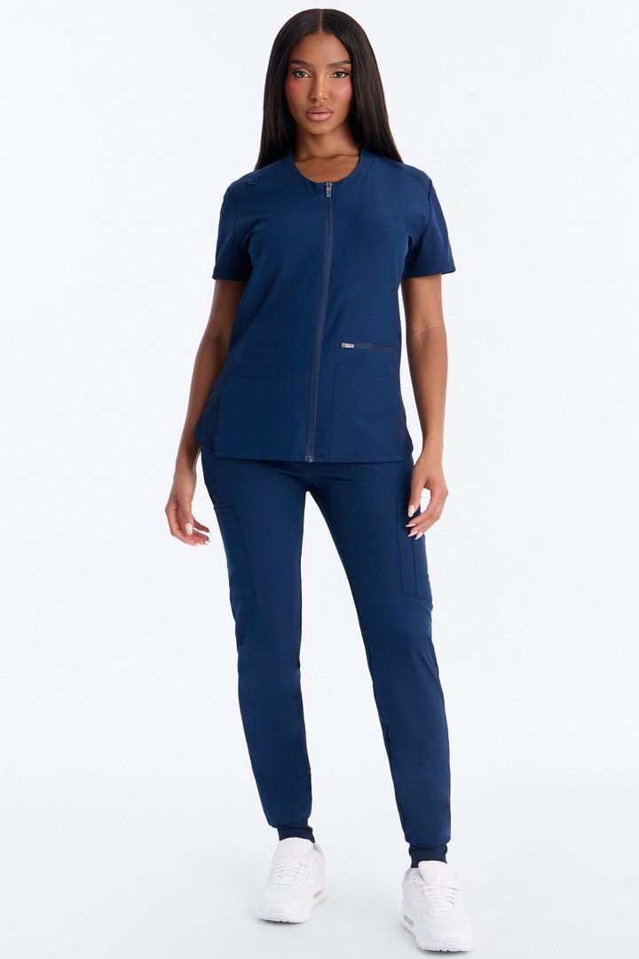 Vital 4 Way Stretch Front Zip Jogger Scrub Set - Navy