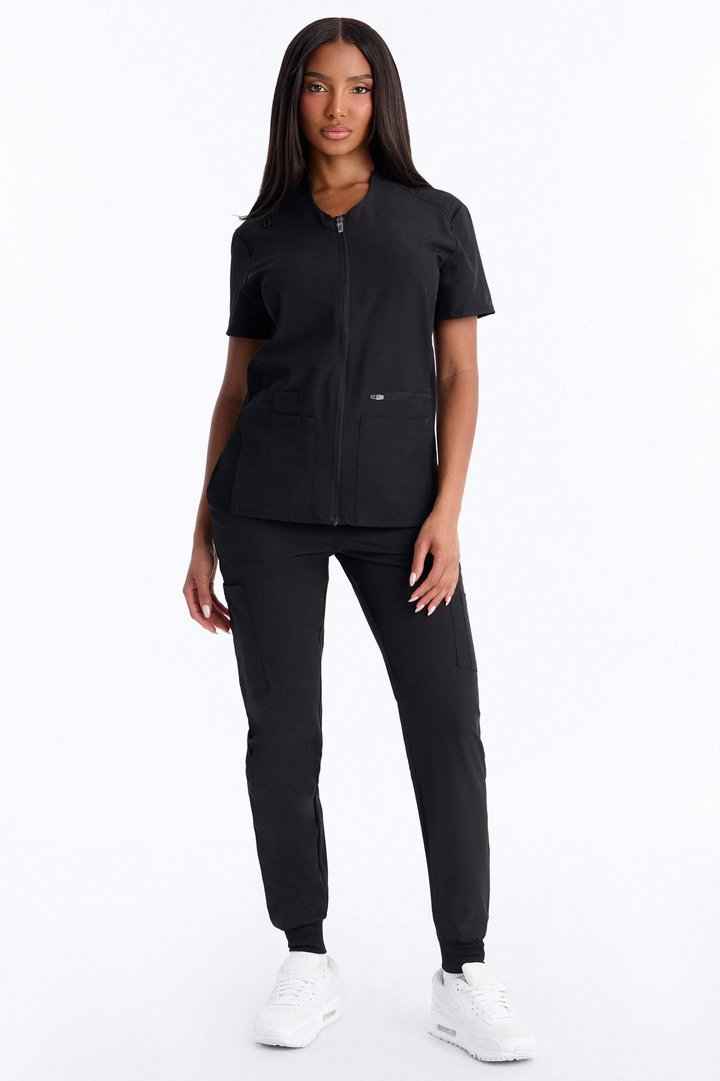 Vital 4 Way Stretch Front Zip Jogger Scrub Set - Black