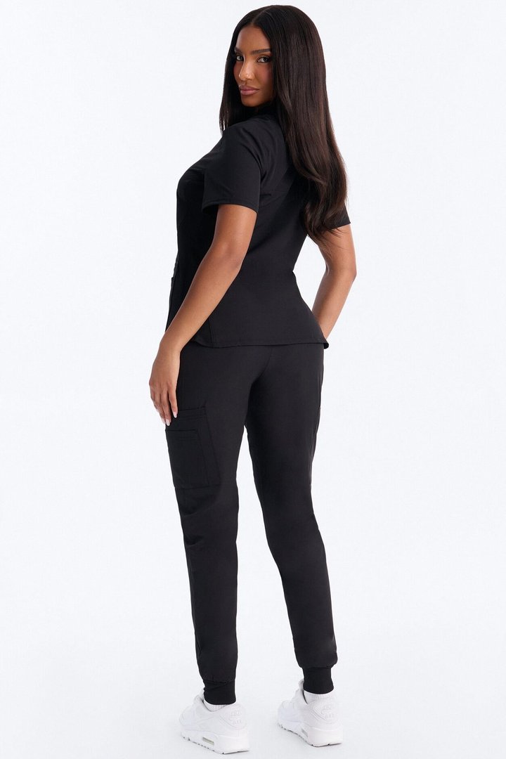 Vital 4 Way Stretch Front Zip Jogger Scrub Set - Black
