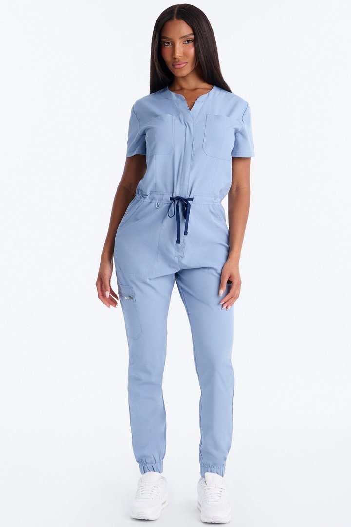 Prime Care Belted Uniform Scrub Jumpsuit - Dusty Blue