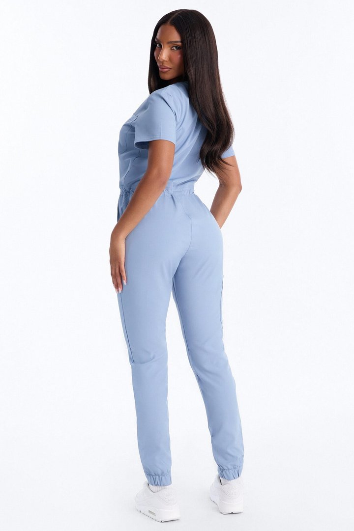 Prime Care Belted Uniform Scrub Jumpsuit - Dusty Blue
