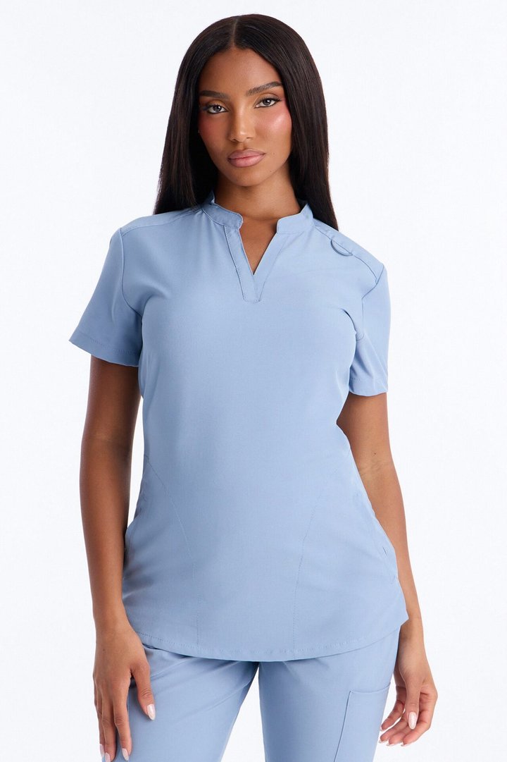 It's Go Time Collared Open Leg Uniform Scrub Set - Dusty Blue