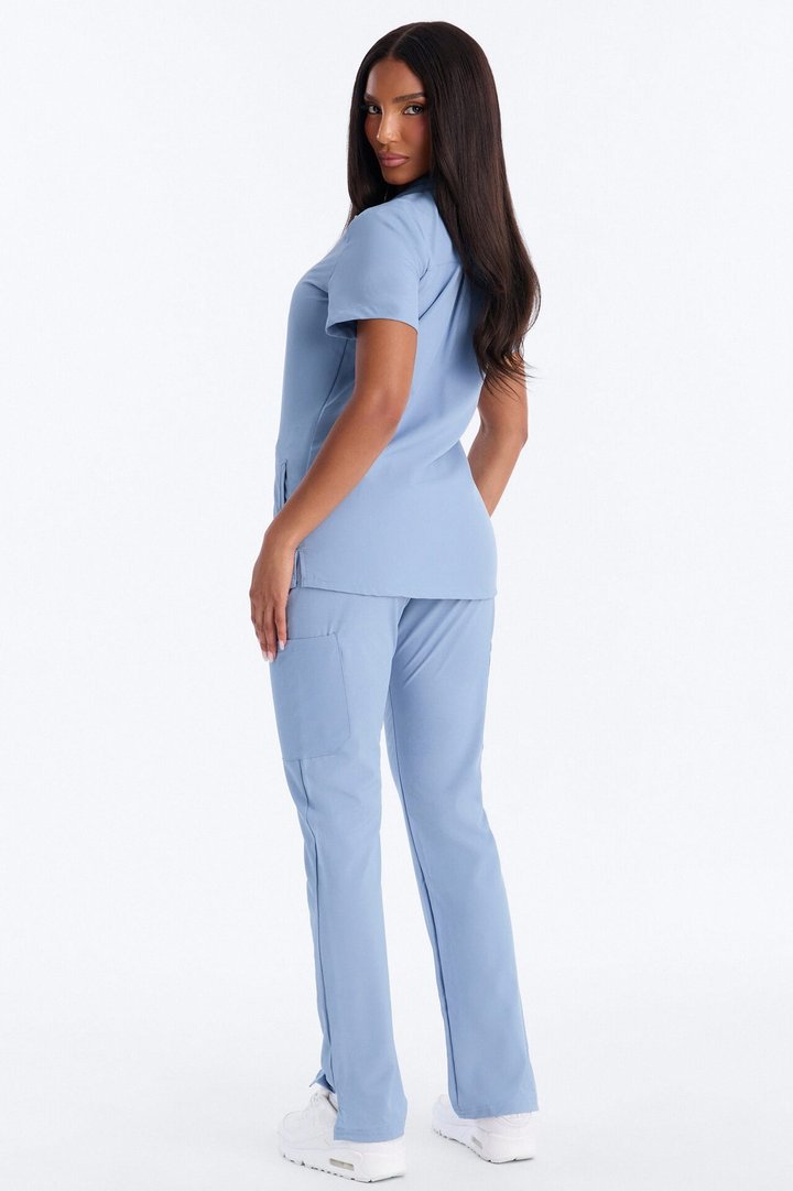 It's Go Time Collared Open Leg Uniform Scrub Set - Dusty Blue