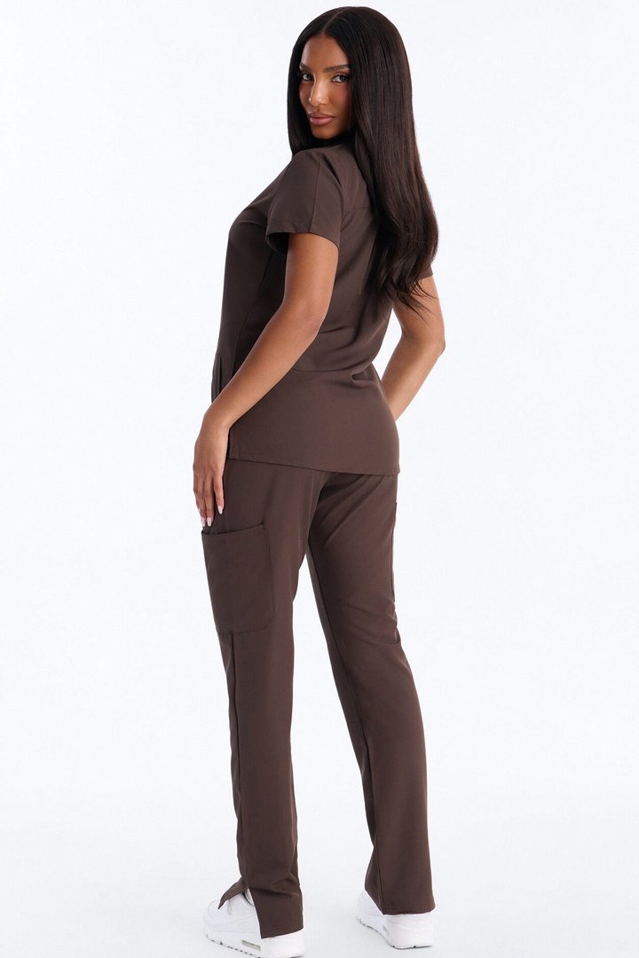 It's Go Time Collared Open Leg Uniform Scrub Set - Chocolate