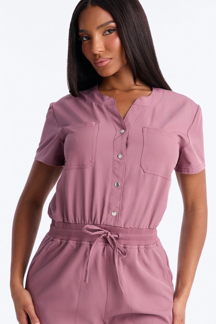 In Unison Uniform Jogger Scrub Jumpsuit With Snaps - Mauve