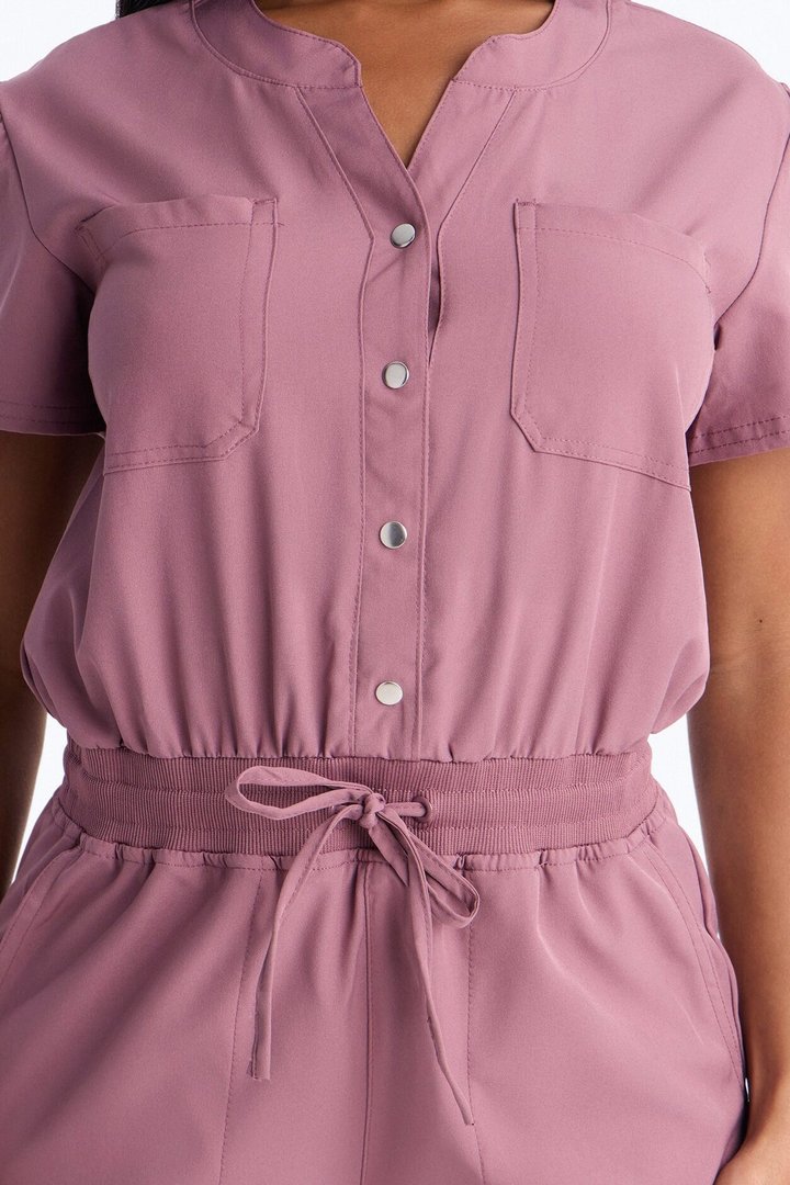 In Unison Uniform Jogger Scrub Jumpsuit With Snaps - Mauve