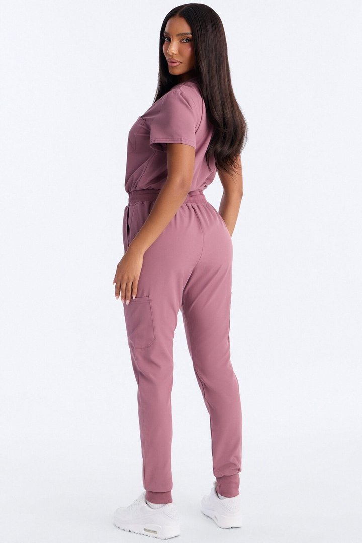 In Unison Uniform Jogger Scrub Jumpsuit With Snaps - Mauve