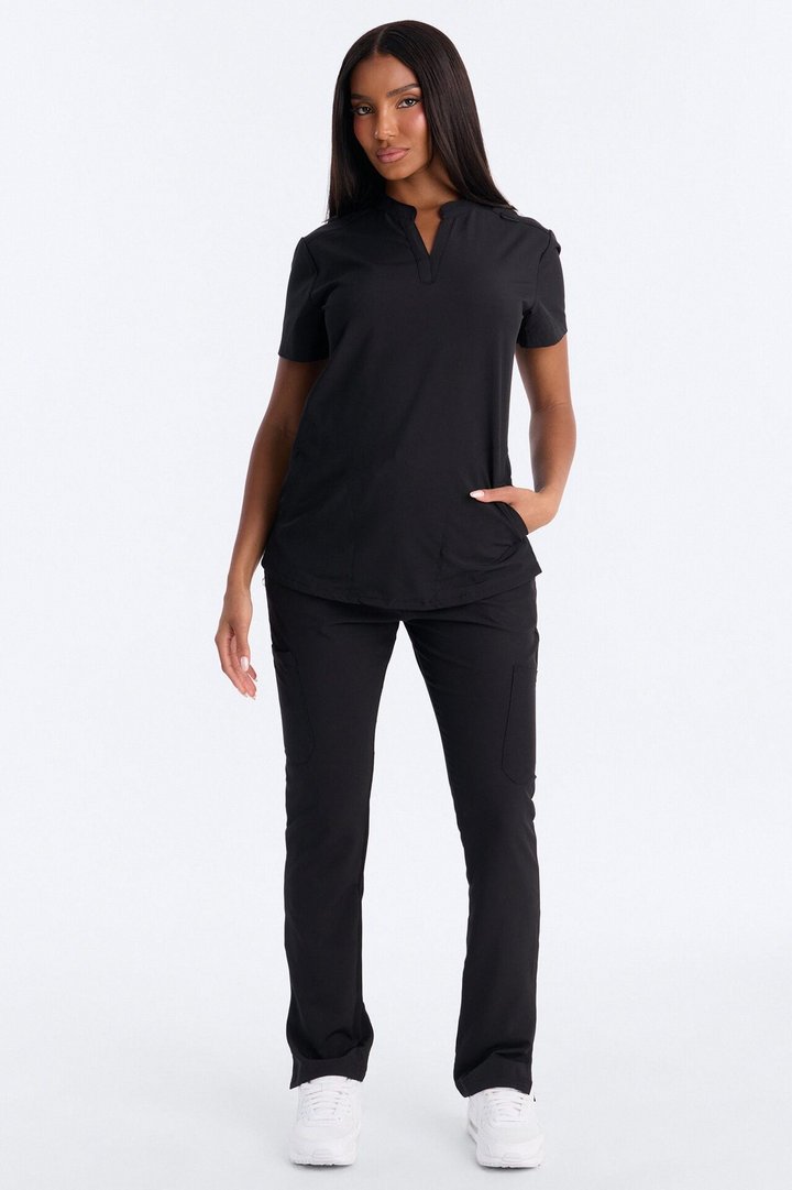 It's Go Time Collared Open Leg Uniform Scrub Set - Black