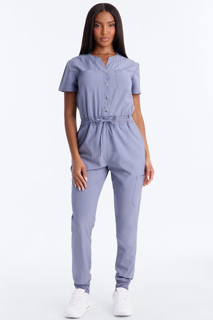 In Unison Uniform Jogger Scrub Jumpsuit With Snaps - Blue