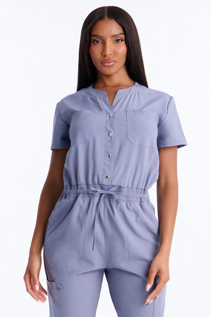 In Unison Uniform Jogger Scrub Jumpsuit With Snaps - Blue