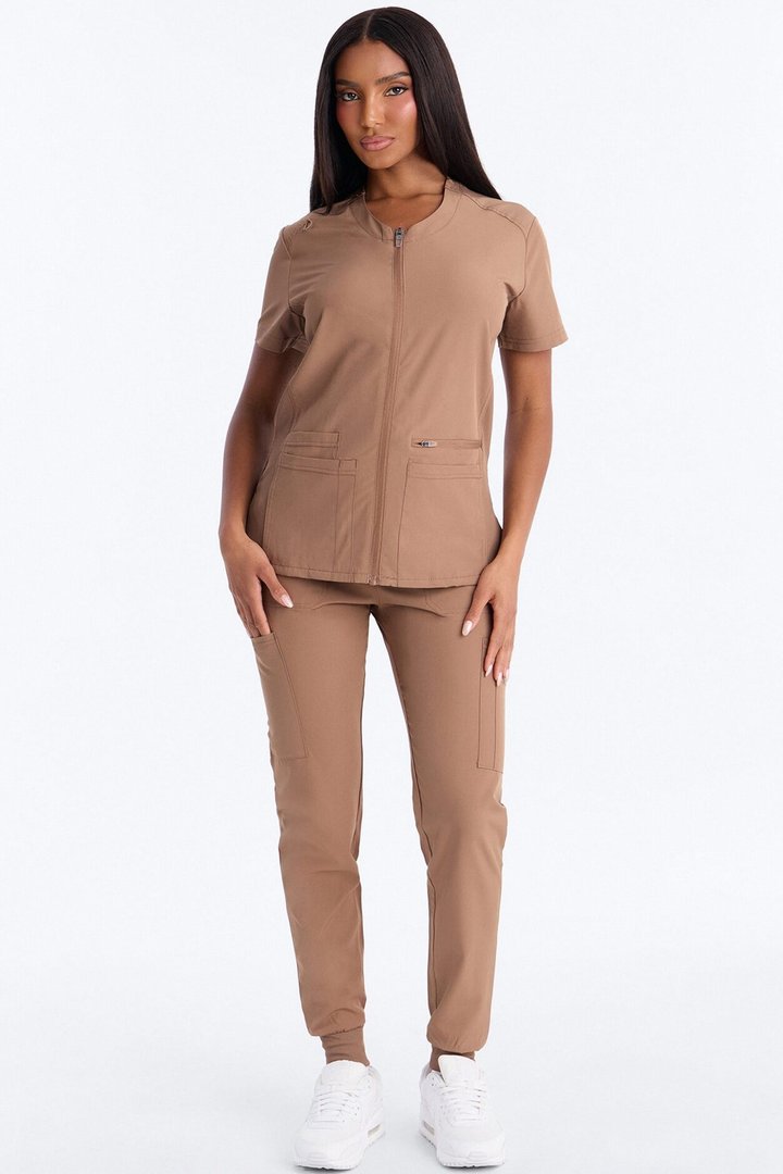 Vital 4 Way Stretch Front Zip Jogger Scrub Set - Mocha