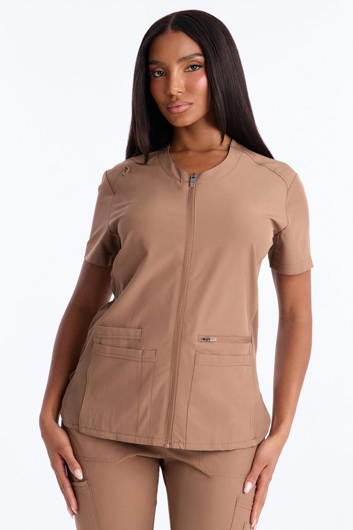 Vital 4 Way Stretch Front Zip Jogger Scrub Set - Mocha