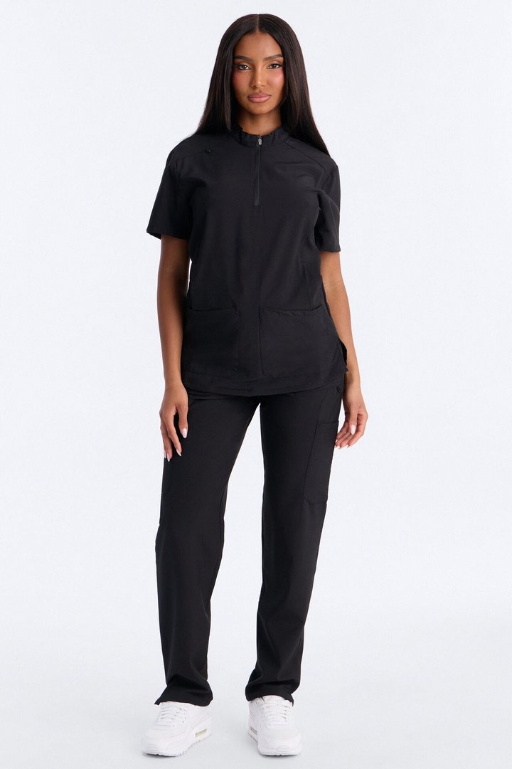 Elite 4 Way Stretch Zip Collar Open Leg Slit Scrub Set - Black