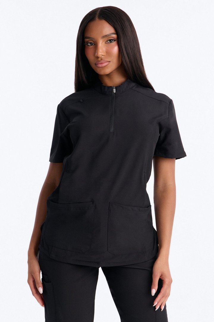 Elite 4 Way Stretch Zip Collar Open Leg Slit Scrub Set - Black