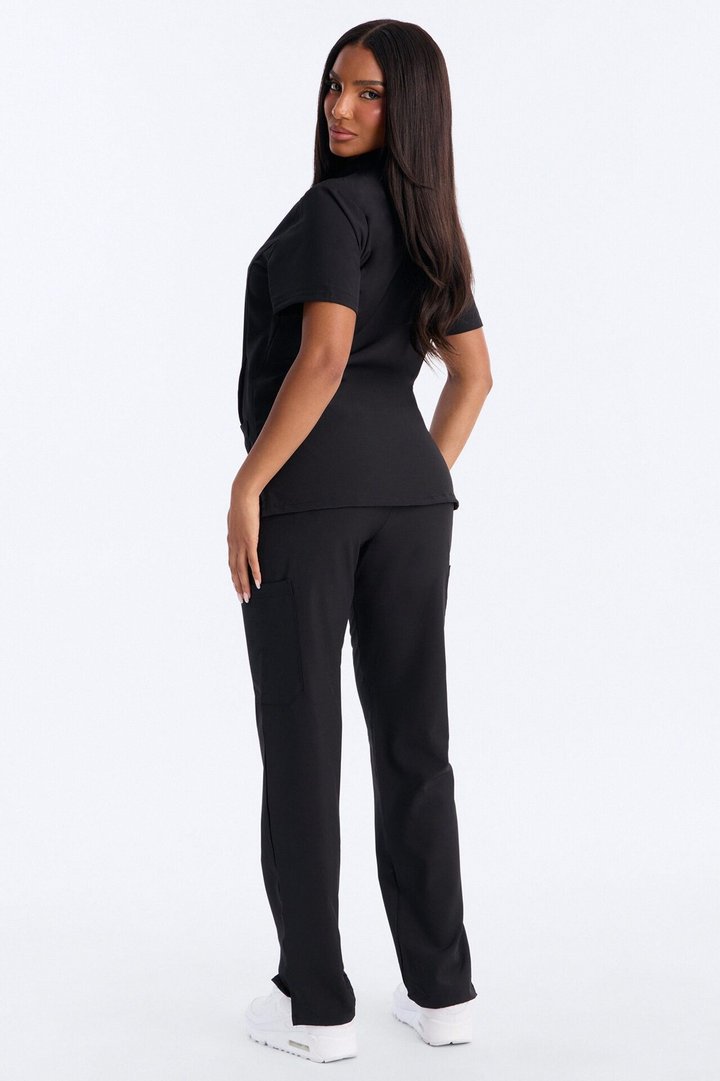 Elite 4 Way Stretch Zip Collar Open Leg Slit Scrub Set - Black