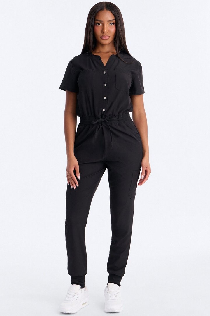 In Unison Uniform Jogger Scrub Jumpsuit With Snaps - Black