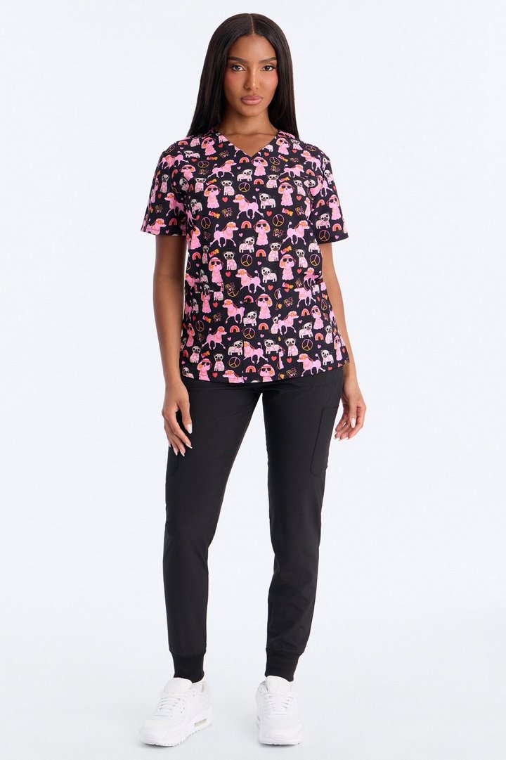 Bright Days 4 Way Stretch Printed Jogger Scrub Set - Black/Pink