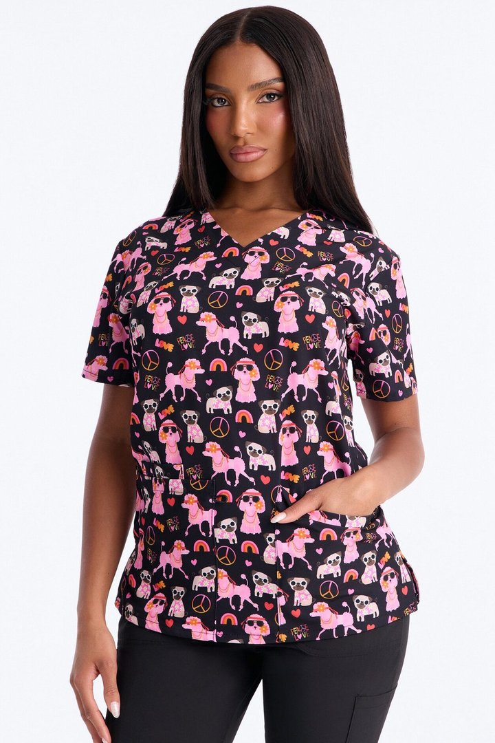 Bright Days 4 Way Stretch Printed Jogger Scrub Set - Black/Pink