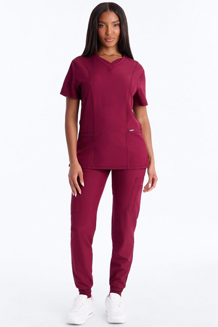 Clinical 4 Way Stretch Pocket Back Knit Jogger Scrub Set - Wine
