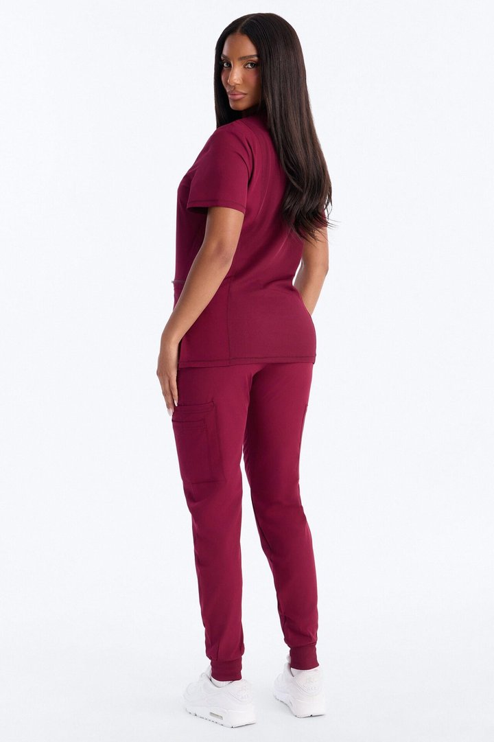 Clinical 4 Way Stretch Pocket Back Knit Jogger Scrub Set - Wine
