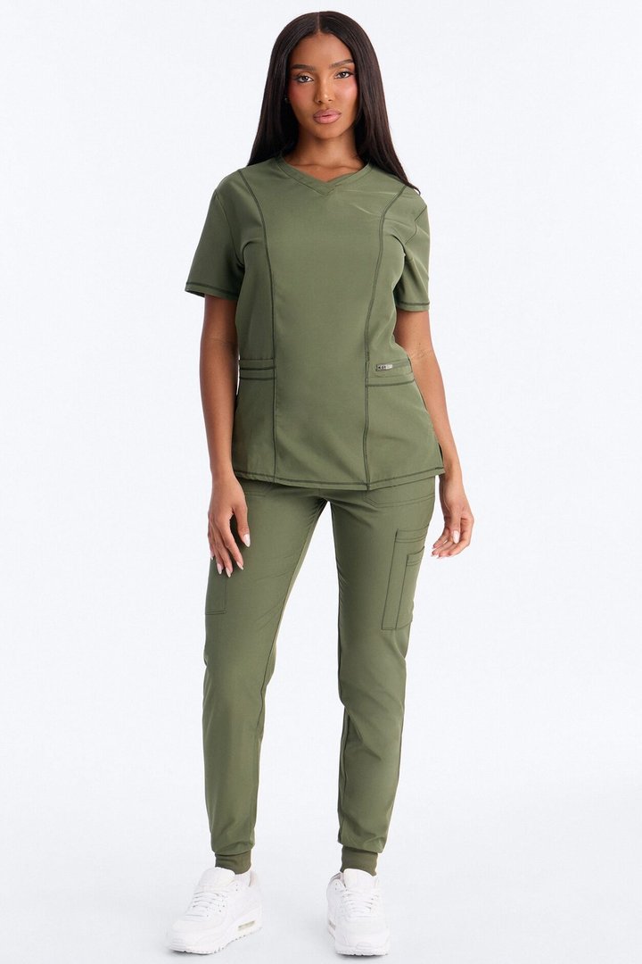 Clinical 4 Way Stretch Pocket Back Knit Jogger Scrub Set - Olive