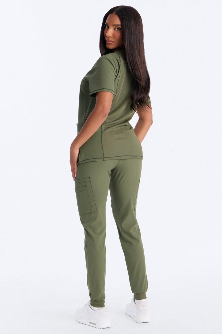 Clinical 4 Way Stretch Pocket Back Knit Jogger Scrub Set - Olive