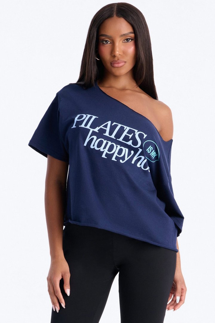 Pilates Is My Happy Hour Off Shoulder Tee - Navy