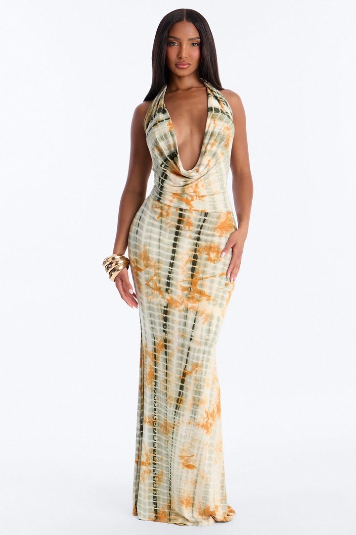 Selene Cowl Neck Maxi Dress - Green/combo