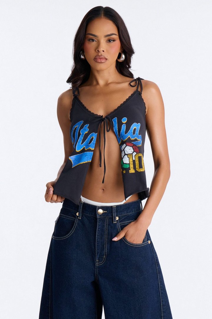 Italia Tie Strap Tank With Tie Front - Black