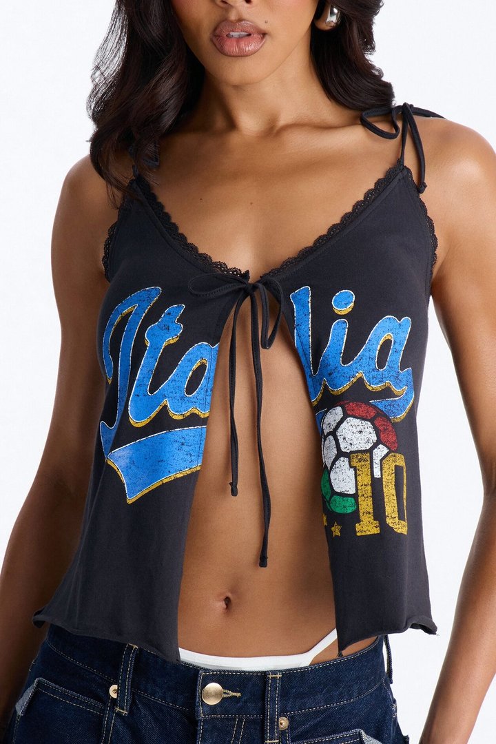 Italia Tie Strap Tank With Tie Front - Black