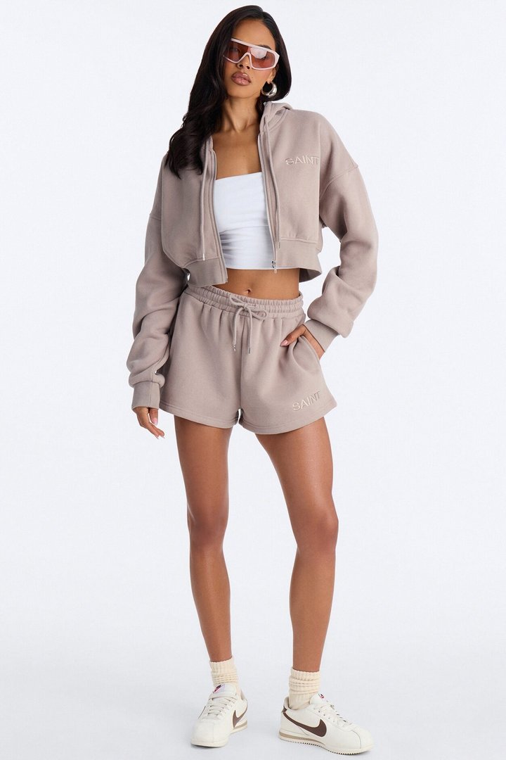 She's A Saint Cropped Fleece Pant Set - Stone