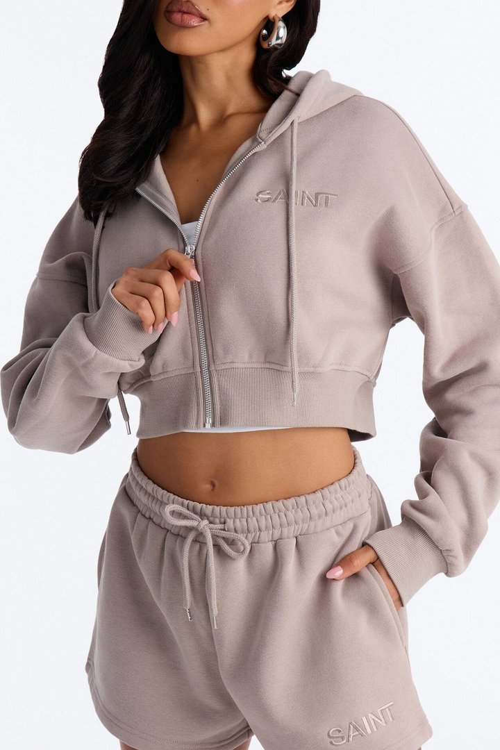 She's A Saint Cropped Fleece Pant Set - Stone