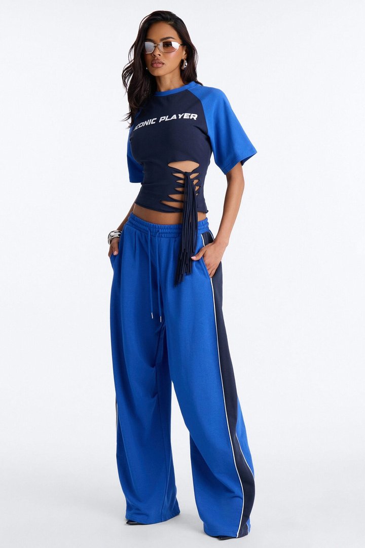 Iconic Player Cut Out Fringed Pant Set - Blue/combo