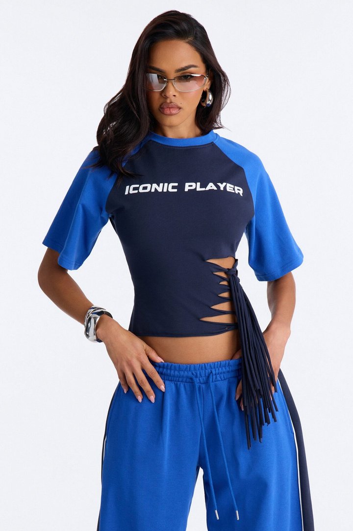 Iconic Player Cut Out Fringed Pant Set - Blue/combo