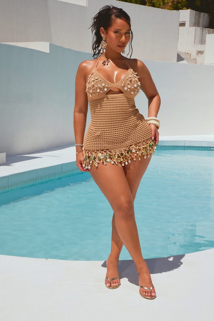 Vic Crochet Embellished Cover Up Mini Dress - Tan