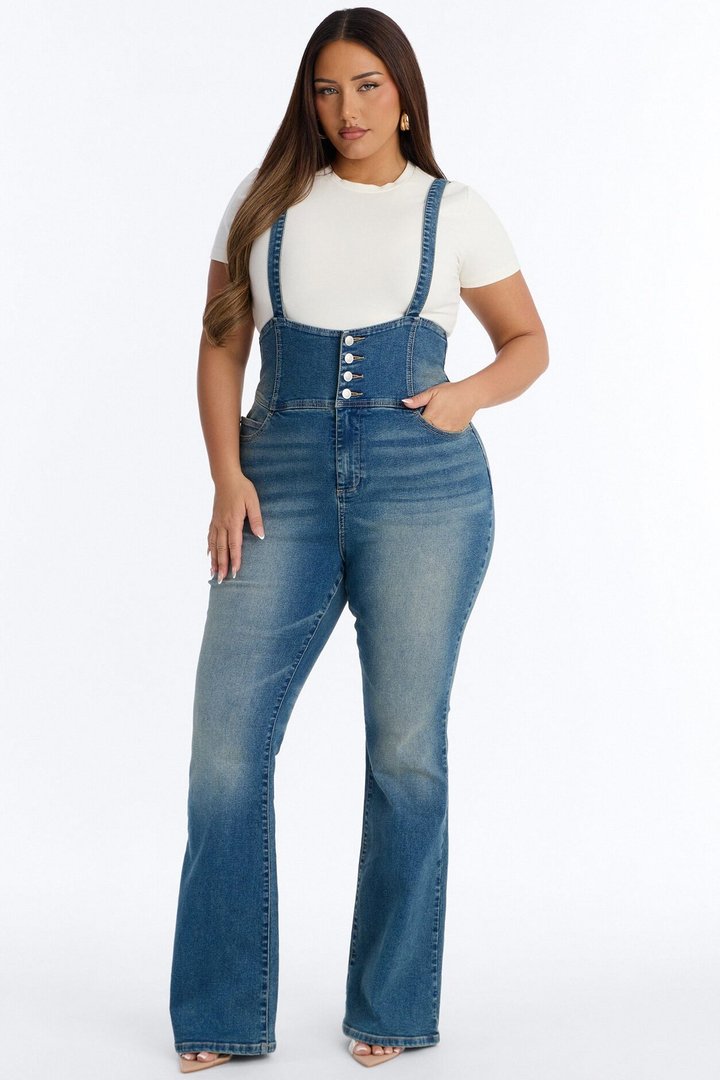Savannah Stretch Corset Denim Flare Overalls - Vintage Wash