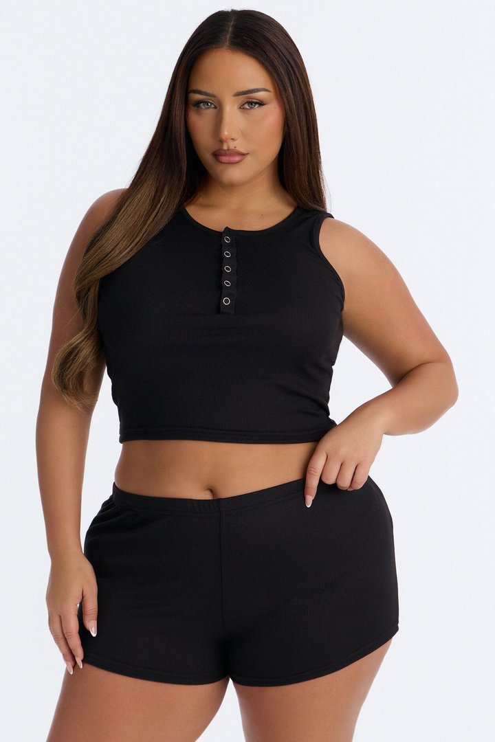 Homebody Ribbed V-Neck PJ Short Set - Black