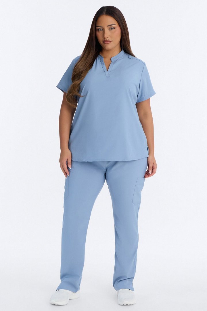It's Go Time Collared Open Leg Uniform Scrub Set - Dusty Blue