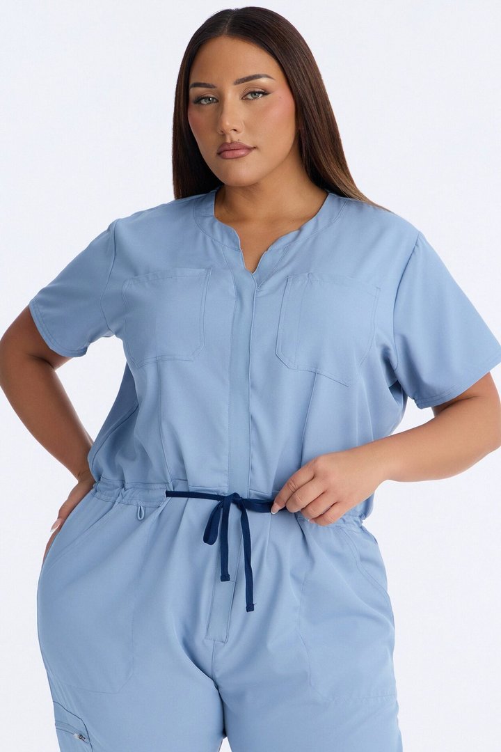 Prime Care Belted Uniform Scrub Jumpsuit - Dusty Blue